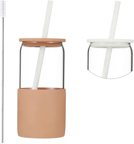 Sunseeke Vaso de vidrio con popote y tapa, taza de café helado de 16oz, manga de silicona y cepillos de limpieza, vasos para agua, café helado,