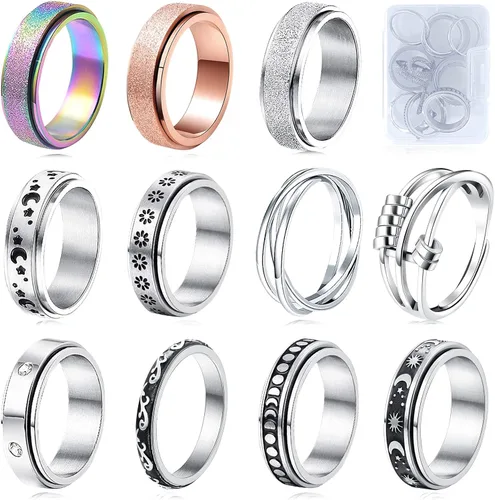 Spinner Ring for Anxiety 8pcs Stainless Steel Fidget Rings Anti Anxiety Ring Spinning Moon Star Cool Stress Relieving Rings for Women Men Teens Girls