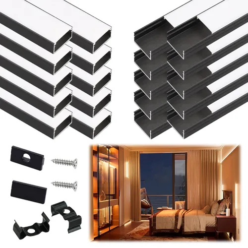 Muzata Paquete de 20 canales LED de aluminio negro con cubierta blanca lechosa U102 BW 2M