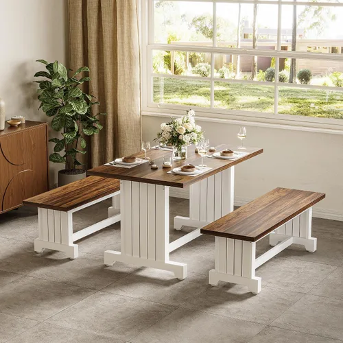 Miniatura 2 de LITTLE TREE Juego de mesa de comedor para 4 personas con 2 bancos, mesa de cocina moderna con tablero de MDF, comedor que ahorra espacio