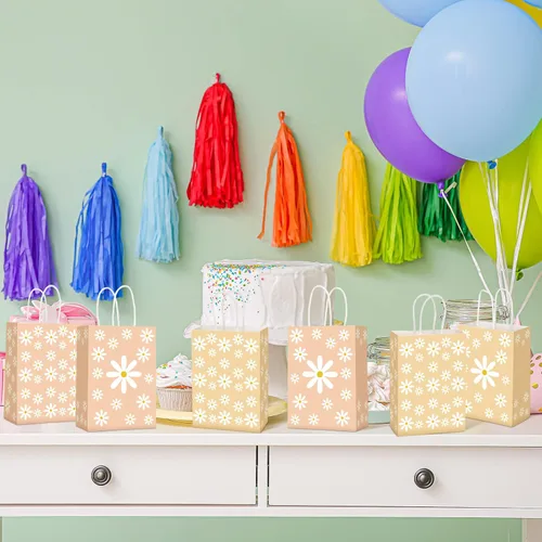 Miniatura 5 de Outus 24 bolsas de regalo de margaritas para fiestas, bolsas de papel de regalo de flores bohemias con asas, bolsas de papel retro hippie