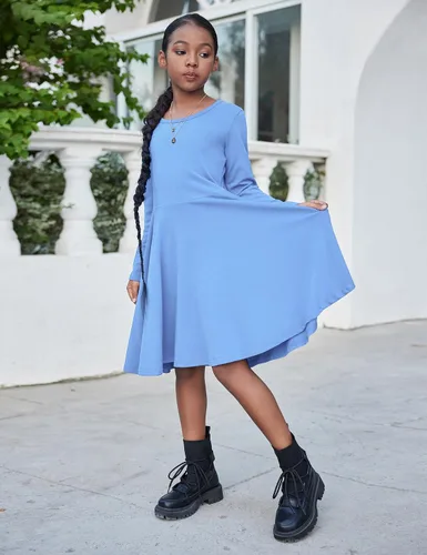 Miniatura 8 de Arshiner Girls Long Sleeve Stretchy Dress A line Twirly Skater School Party Dress