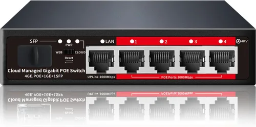 Conmutador PoE, Conmutador PoE+ Gigabit de 5 Puertos, Conmutador Ethernet Gigabit Administrado en la Nube, 4 Puertos PoE @52W, 1 Puerto de Enlace