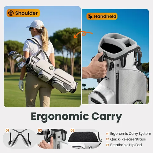 Miniatura 6 de Bolsa de golf ligera de 3 vías, bolsa compacta de transporte/rango para 6 a 8 palos, asa superior, doble correa, múltiples bolsillos, ideal