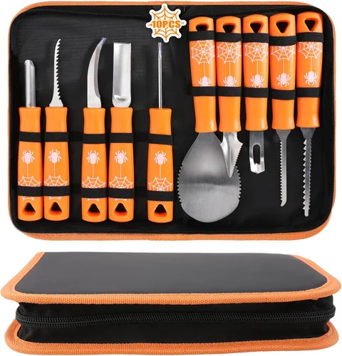 Kit de tallado de calabaza, herramientas de Halloween, juego profesional de tallado de 10 piezas, acero inoxidable de doble cara, herramienta de