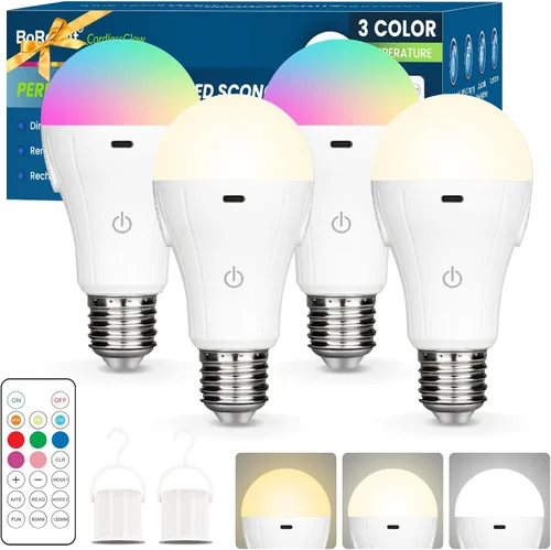 Miniatura 7 de BoRccdit CordlessGlow - Bombillas recargables con control remoto, 5 RGB + 3 CCT regulables, funciona con pilas, para lámparas cableadas y sin