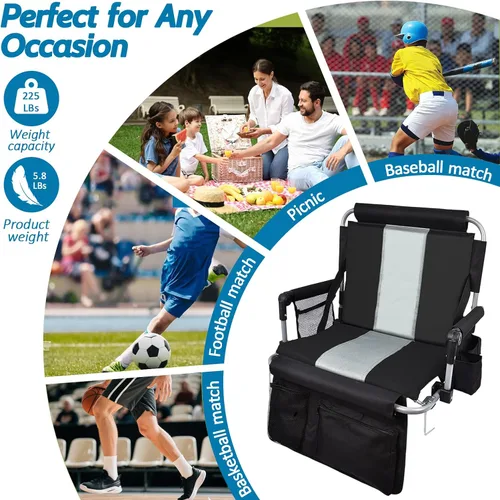 Miniatura 4 de Asientos portátiles para estadio con respaldo y reposabrazos, sillas plegables con respaldo y cojín grueso, silla deportiva acolchada ancha con Gris