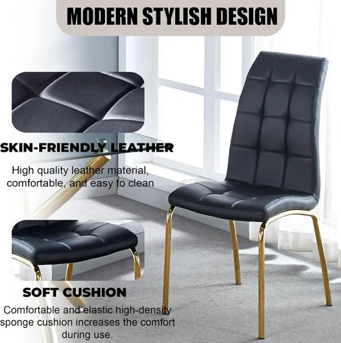Miniatura 5 de Juego de 4 sillas de comedor de piel sintética, modernas sillas de comedor negras con patas de metal dorado y respaldo ergonómico, tapizadas