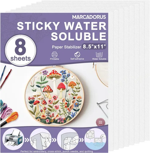Estabilizador Soluble en Agua para Bordado - Papel Adherible y de Costura que se Lava 8.5x11 Pulgadas Paquete de 8, Estabilizador Imprimible para