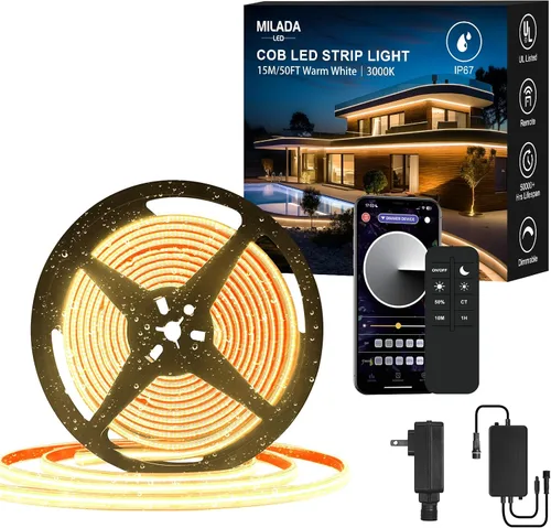 Miniatura 10 de Tira de luces LED COB de 20 pies para exteriores IP67 impermeable, 6M, CC flexible 24V, control remoto y aplicación, regulable, blanco cálido 3000