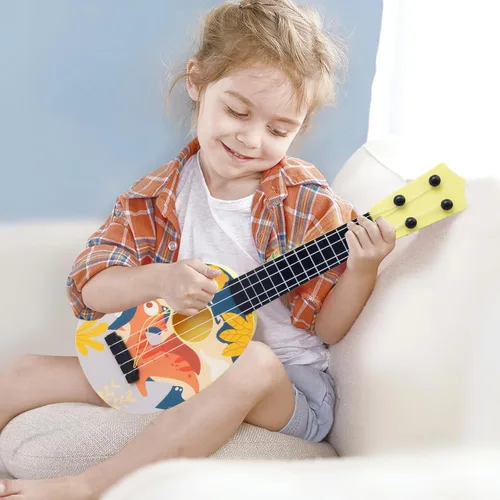 Miniatura 5 de YOLOPLUS+ Ukelele de juguete para niños, juguete musical de guitarra para niños, 4 cuerdas de acero de 17 pulgadas, con púa, juego educativo