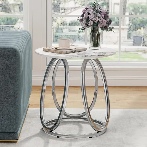 Miniatura 11 de O&K FURNITURE Mesa auxiliar plateada para sala de estar, mesa auxiliar de vidrio para dormitorio, moderna mesita de noche redonda de vidrio