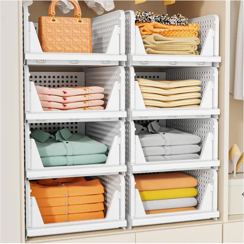 Miniatura 10 de SNSLXH Paquete de 5 cajas organizadoras apilables de armario, cesta de almacenamiento multifuncional y plegable para baño, cocina, lavandería, Rosa