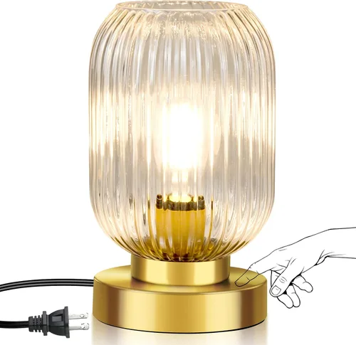 Miniatura 10 de Lámpara de mesa moderna de mediados de siglo, control táctil y regulable de 3 vías, pantalla de vidrio acanalado verde, dorado pequeño, lámpara
