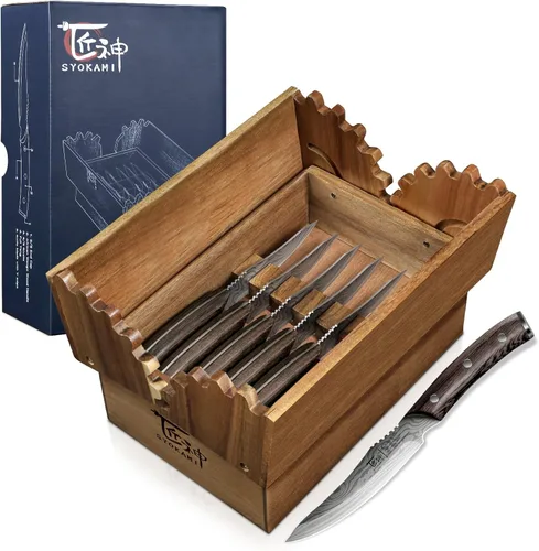 Miniatura 12 de SYOKAMI Juego de 2 cuchillos para carne, 4.8 pulgadas, estilo japonés de alta gama, filo fino con mango de madera, diseño de espiga completa