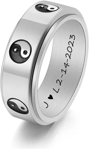 LiFashion Anillos giratorios personalizados de Yin Yang para él y ella, anillo personalizado de Tai Chi Yin Yang para aliviar el estrés y la plateado