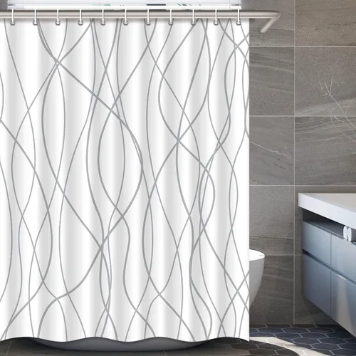 Miniatura 28 de Juego de cortinas de ducha azul egeo para baño con ganchos, cortinas de baño decorativas repelentes al agua y lavables con rayas blancas, 72 x 72