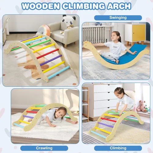Miniatura 3 de HONEY JOY Arco de escalera de madera para escalar, escalera de escalada para niños 3 en 1 y tabla de columpio con almohadilla acolchada, juego