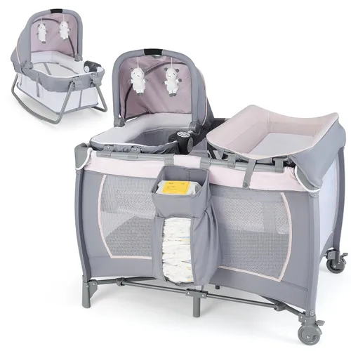 Miniatura 15 de HONEY JOY Empaca y juega con el moisés, paquete central de guardería infantil y juega con cuna y juguetes colgantes para recién nacidos, bolsa