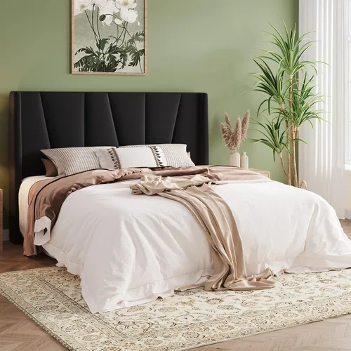 Miniatura 3 de Allewie Marco de Cama de Plataforma de Terciopelo Tamaño Queen con Cabecera Wingback Geométrica, Cama Tapizada Boho con Soporte de Listones de Negro