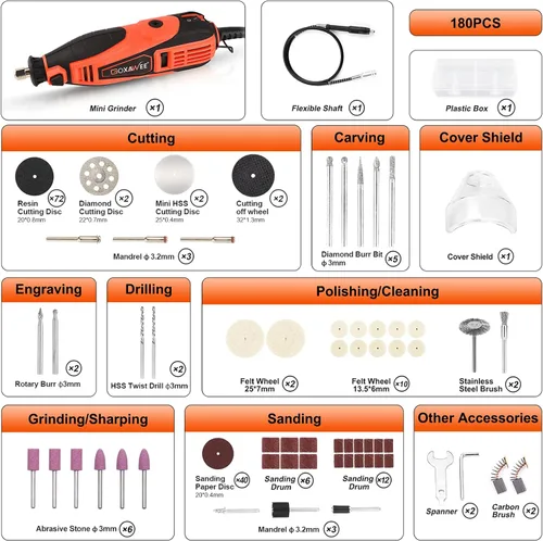 Miniatura 6 de Kit de herramienta giratoria GOXAWEE con 180 accesorios para herramienta giratoria y eje flexible y pinza universal, 5 velocidades variables, Naranja