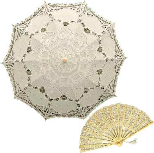 Bestage Sombrilla de encaje marfil hecha a mano para mujer, 30.7 pulgadas, sombrilla vintage de encaje nupcial para decoración de fotos, fiesta de