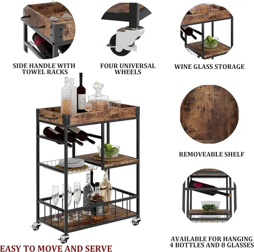 Miniatura 7 de Carro de bar con cesta de 3 niveles, carrito de vino móvil para el hogar con ruedas, carrito de servicio de cocina industrial estilo vintage