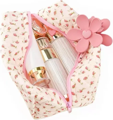 Bolsa de maquillaje floral, bolsa de maquillaje acolchada floral, bolsa de cosméticos grande, bolsa de maquillaje de viaje de moda, bolsa de Flores