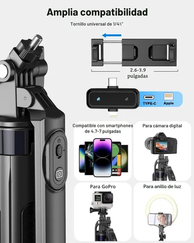 Miniatura 7 de Kit de vlogging para iPhone/Android, trípode para selfie stick de 180 cm para iPhone con luz de relleno, micrófono inalámbrico y control remoto