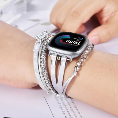 Miniatura 5 de VISOOM Pulsera bohemia con cuentas compatible con Fitbit Versa 4/Versa 3 Bandas/Fitbit Sense2/Sense, correa de reloj de cuero para mujer, hecha a