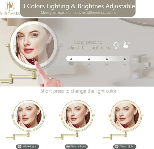 Miniatura 4 de Espejo de Tocador de Maquillaje Iluminado Recargable Montado en la Pared de 8 Pulgadas, Doble Cara 1X 10X con Aumento Espejo de Baño, 3