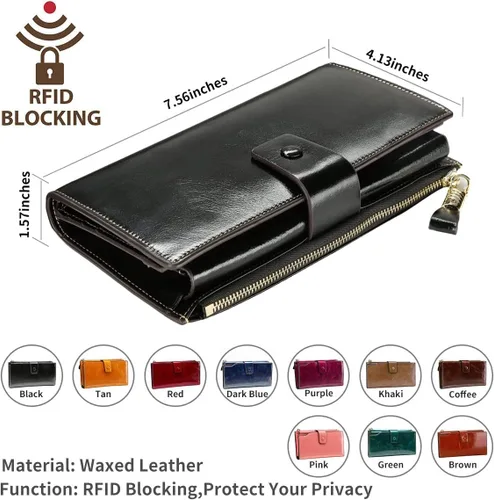 Miniatura 31 de Itslife - Cartera de piel sintética encerada para mujer con bloqueo de identificación de radio frecuencia (RFID), de gran capacidad, encerada