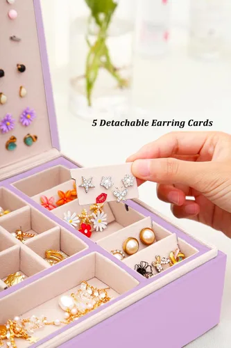 Miniatura 32 de Joyero de pendientes para mujeres y niñas, organizador de aretes de 5 capas, caja organizadora de joyas blanca con candado, collares y aretes