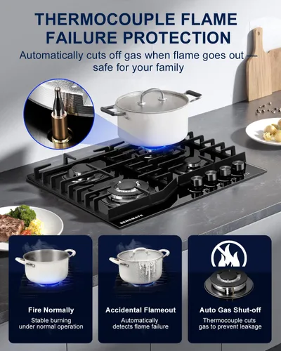 Miniatura 7 de Placa de cocina de gas de 24 pulgadas, estufa de gas de 4 quemadores, diseño integrado o de encimera, vidrio templado negro, convertible a NG/LPG