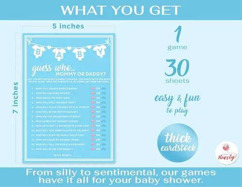 Miniatura 2 de Party Hearty Juego de 30 piezas de Baby Shower para niño, mamá o papá azul Adivina quién, tarjetas de actividades divertidas, ideas Azul - Adivina