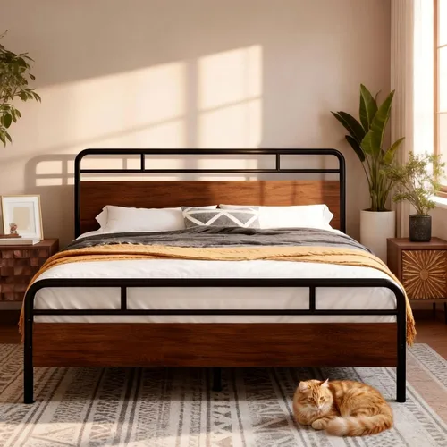 Miniatura 8 de IMUsee Base de cama matrimonial con cabecera de madera industrial, almacenamiento debajo de la cama de 12 pulgadas, base de colchón, no necesita