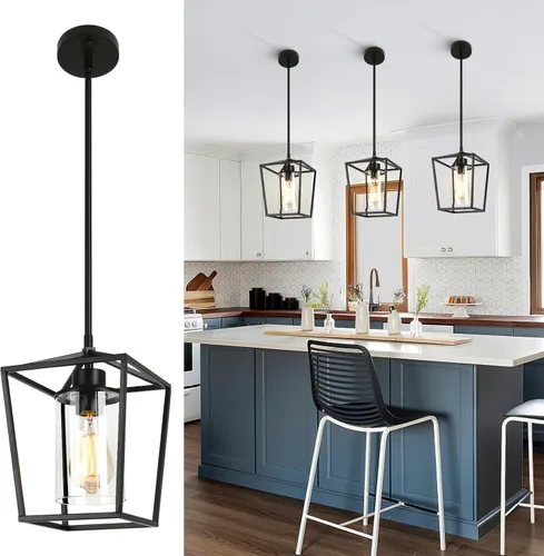 Miniatura 10 de Luces colgantes negras para isla de cocina, 1 luz de granja para cocina, iluminación colgante sobre la isla, jaula de metal, luces colgantes