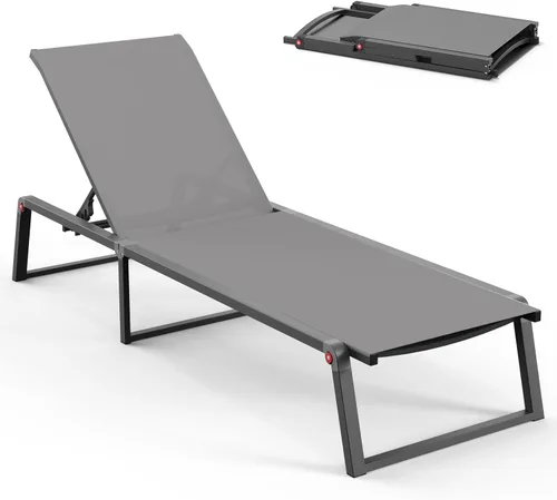 Miniatura 18 de Silla de Salón de Aluminio para Exterior, Sillas de Salón Plegables y sin Montaje para Patio y Piscina, Silla Reclinable de 5 Posiciones para Blanco