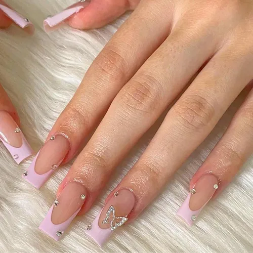 Puntas de Uñas Francesas Rosadas Bailarina Uñas Postizas Largas Cuadradas de Presión Cobertura Completa Uñas Postizas Acrílicas de Mariposa para