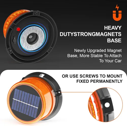 Miniatura 5 de AnTom Luces estroboscópicas LED solares inalámbricas, luz de baliza ámbar recargable impermeable con base magnética fuerte, advertencia de rotación