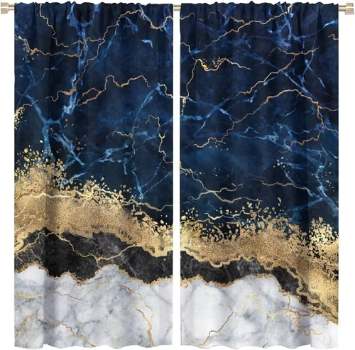 Miniatura 24 de Cortinas abstractas de mármol de lujo de lujo azul marino dorado a rayas con patrón de mármol estampado para dormitorio, sala de estar, cortinas