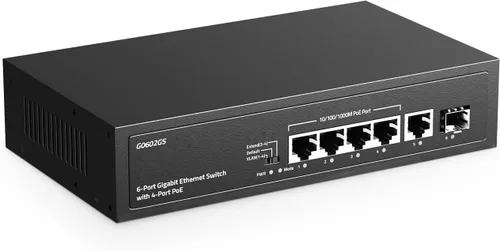 Conmutador PoE Gigabit de 6 puertos, 4 POE+, 1 enlace ascendente, 1 SFP, IEEE802.3af/at, máx. 65W, VLAN y PoE Extend 820.2 ft, conmutador Ethernet
