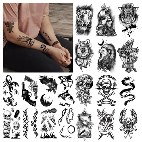 Miniatura 3 de Cerlaza 112 hojas de tatuajes temporales para hombres adultos, tatuajes falsos para cuello, brazo, dedo, tatuajes temporales, tigre, lobo, león