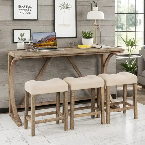 Miniatura 13 de Juego de mesa de bar industrial de 59" de 4 piezas con toma de corriente incorporada, mesa de sofá detrás del sofá con 3 taburetes tapizados