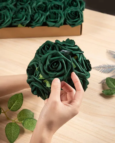 Miniatura 5 de DuHouse 25 Piezas Rosas Artificiales Flores Rosas Falsas con Tallos Flores de Espuma de Tacto Real para Bricolaje Ramo de Boda Fiesta Centro de Mesa