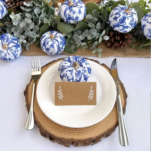 Miniatura 5 de Winlyn 12 calabazas decorativas de tela pequeña en azul y blanco, chinoiserie chic, calabazas de espuma de 3 pulgadas para regalos, otoño, boda