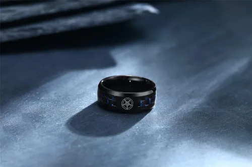 Miniatura 5 de Iglesia de Satanás Joyería Leviatán Cruz Satánica Símbolo Anillo Acero Inoxidable Fibra de Carbono Incrustación Banda para Hombres