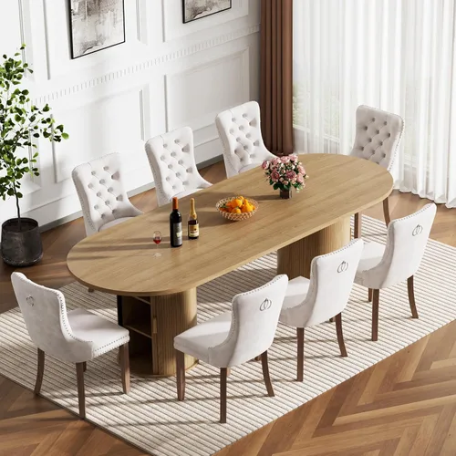 Miniatura 14 de Mesa de comedor redonda extensible con base de almacenamiento, mesa de comedor expandible natural de 63 a 94 pulgadas para 10 personas, mesa