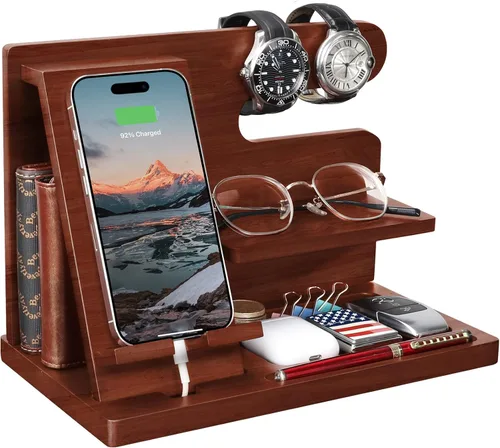 Miniatura 8 de TARANTO Regalos para él Estación de acoplamiento y organizador de madera para teléfono - Soporte de mesa para celular, soporte para reloj