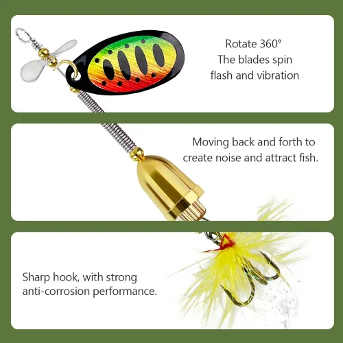 Miniatura 6 de Señuelo de pesca Spinnerbait, róbalo, trucha, salmón, cebo de metal duro giratorio, set con 2 cajas de anzuelos por Tbuymax, 10
